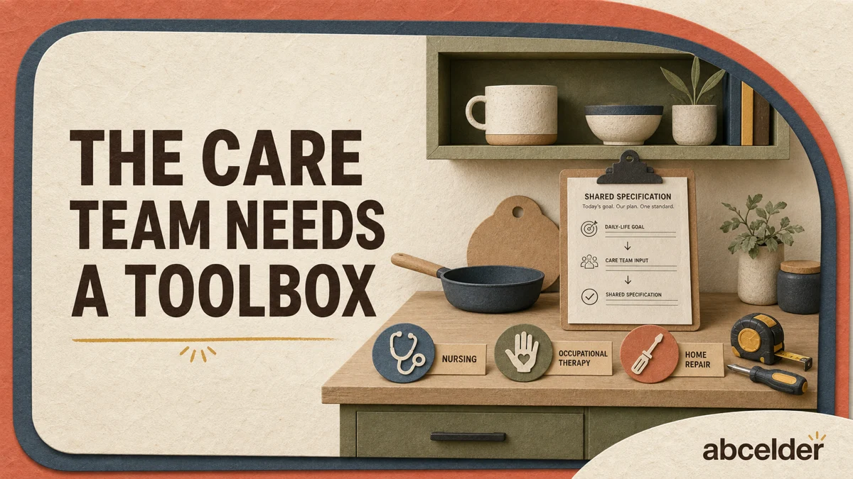 ABCElder paper collage showing a kitchen work surface, shared work order, pan, cup, screwdriver, tape measure and stethoscope inside a layered frame